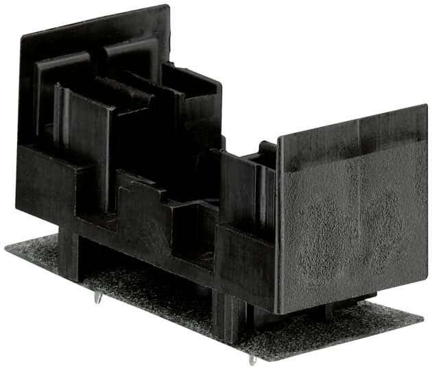 Support en plastique à côtés ouverts, de forme rectangulaire, reposant sur une base plate et rectangulaire. Utilisé dans des applications électroniques.