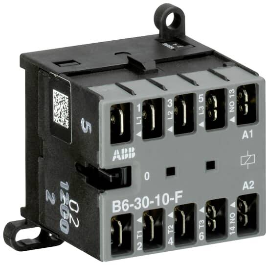 Contacteur industriel ABB, modèle B6-30-10-F, avec six bornes de connexion. Utilisé pour le contrôle des circuits électriques.