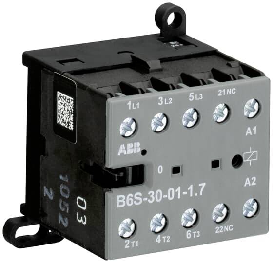 'ABB Schütz B6S-30-01-1,7' avec neuf étiquettes et connexions. Boîtier en noir et gris avec étiquette de code-barres sur le côté.