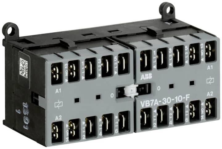 'Module de contacteur ABB VB7A-30-10-F avec plusieurs bornes latérales et pattes de fixation, destiné au contrôle des circuits électriques.'