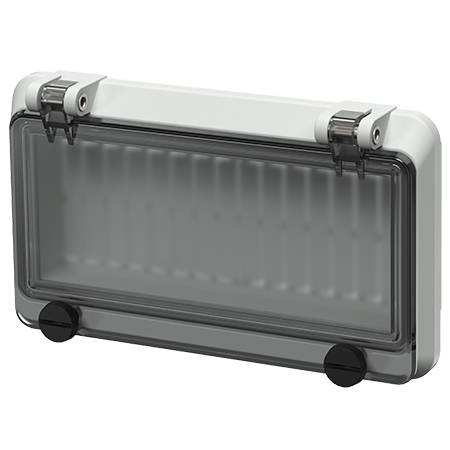 Un boîtier rectangulaire blanc avec un couvercle transparent, des fixations métalliques en haut et en bas, ainsi que deux boutons ronds et sombres en bas.