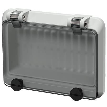 Une valise transparente, rectangulaire, dotée de deux fermetures en haut et de deux roues en bas, adaptée au transport ou au rangement.