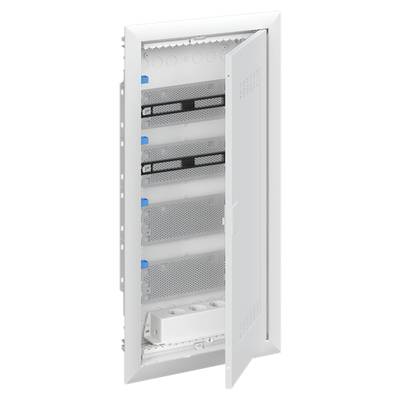 Armoire électrique avec petite porte ouverte, montrant sa structure interne avec plusieurs rails horizontaux et emplacements. Adapté pour les installations électriques.