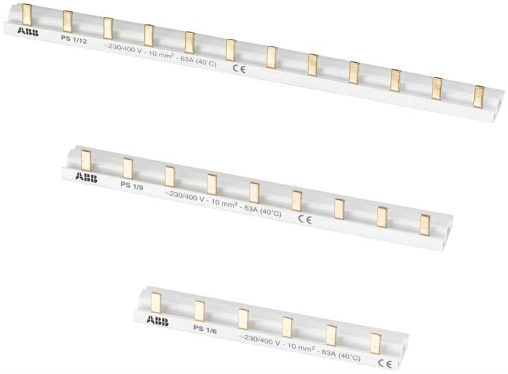 Barres omnibus avec logo ABB, montrant trois modèles PS 1/12, PS 1/8, PS 1/6. Spécifications techniques et marquage CE visibles.
