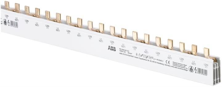 Rail métallique avec 16 contacts en cuivre, utilisé pour la distribution électrique. Fond blanc avec des symboles techniques et du texte apposés.