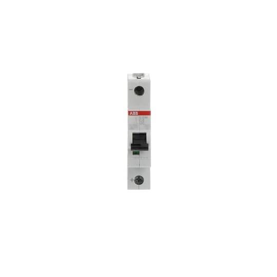 Un interrupteur de protection électrique en orientation verticale, gris avec une étiquette rouge.