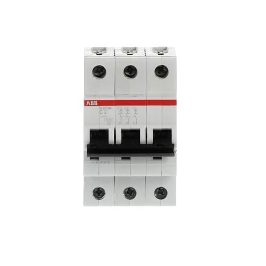 Un disjoncteur tripolaire de marque ABB, modèle S203M-C32, adapté aux installations électriques industrielles.