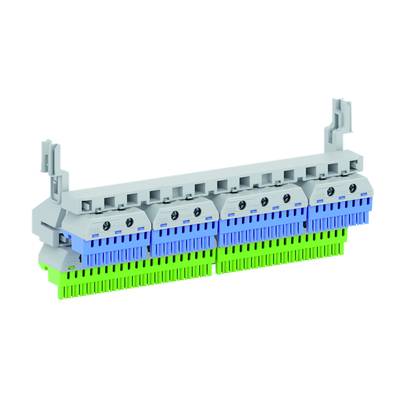 Module de connexion électrique gris avec des barrettes de connexion bleues et vertes, monté dans un support.