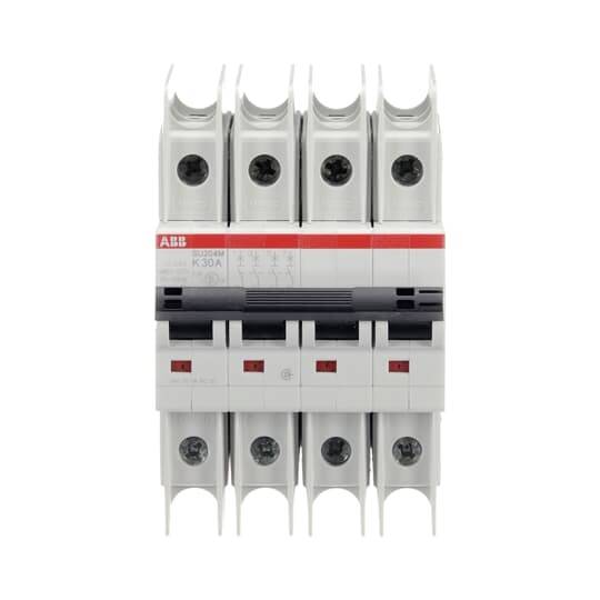 'Disjoncteur ABB, 63A, 4 pôles, pour applications industrielles. Gris avec accent rouge. Vue de face.'