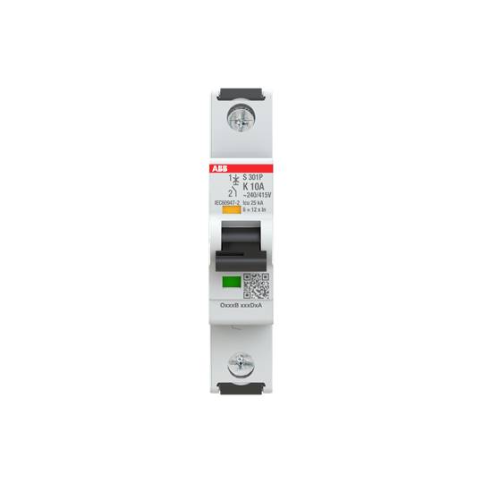Un disjoncteur électronique ABB S 301P avec un courant nominal de 10 A et un interrupteur pour l'indication du statut des fusibles.