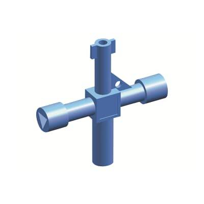 Modèle 3D d'un composant bleu avec des éléments cylindriques et rectangulaires en forme de croix. Adapté pour la construction mécanique ou technique.