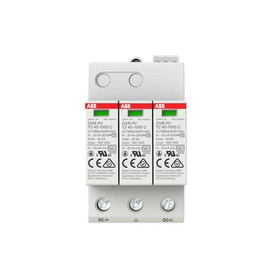 Un parafoudre tripolaire pour installations photovoltaïques, avec des spécifications techniques sur la face avant, de la marque ABB.