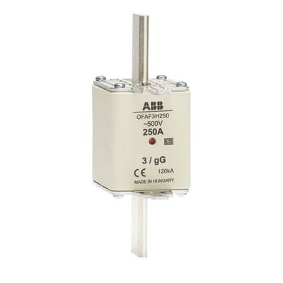 Fusible portant l'inscription 'ABB OFAF3H250', courant nominal 250A, tension 500V, fabriqué en Hongrie.