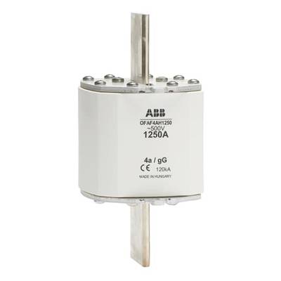 Sécurité industrielle de type ABB 0FAF4AH1250, 500V, 1250A, 4a/gG, 120kA, fabriqué en Hongrie. Vue principale montrant les connexions à boulons.