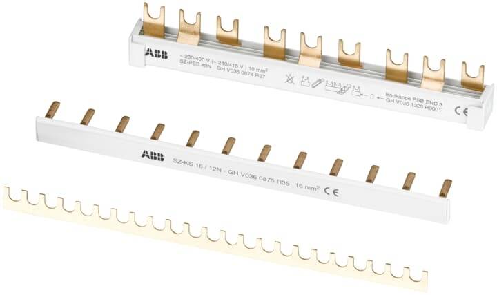 Barres omnibus électriques en cuivre d'ABB à plusieurs broches pour la distribution de l'électricité dans les tableaux électriques et les systèmes de distribution.