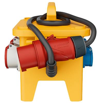 Appareil de distribution électrique portable jaune avec connexion de tuyau rouge et noir. Utilisé pour l'alimentation électrique de chantiers.