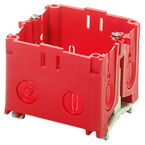 Boîte rectangulaire en plastique avec des cavités et des encoches circulaires, souvent utilisée pour des applications électriques ou comme boîte de dérivation pour les circuits électriques.