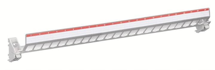 Un goulotte de câbles en plastique grise avec une étiquette de diagramme rouge, idéale pour un acheminement ordonné des câbles dans les bureaux ou les environnements industriels.