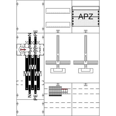Diagramme d'un armoire électrique avec des étiquettes N, PE, APZ. Montre la disposition des rails de connexion et des fusibles.