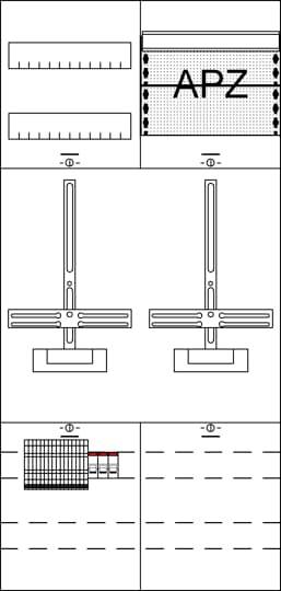'Dessin technique avec plusieurs symboles et diagrammes. En haut à gauche : échelle ; en haut à droite : grille et lettres 'APZ' ; au centre : deux symboles identiques avec des structures en forme de T ; en bas : diagramme avec motif de lignes.'