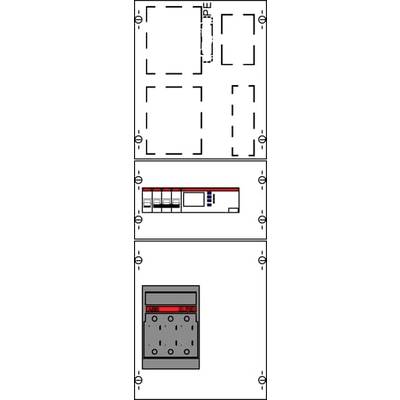 Un diagramme montre le plan d'un armoire électrique avec des emplacements pour les modules, une vue de face avec des interrupteurs et un socle.