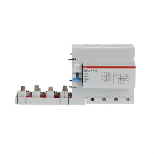 'Disjoncteur avec dessin technique et raccordements, adapté pour les armoires électriques, boîtier blanc avec marquages rouges.'