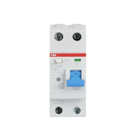 Un interrupteur différentiel bipolaire avec bouton de test et interrupteur à bascule bleu, utilisé pour la protection contre les courants de fuite électriques.