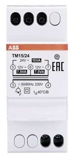 Transformateur ABB TM15/24 pour montage sur rail DIN, entrée 230V à 50/60Hz, sortie 12V et 24V, puissance nominale 15VA.