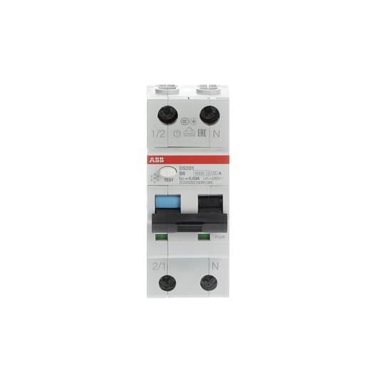 Interrupteur double à bascule, avec étiquettes et symboles de sécurité électrique, marque ABB, adapté aux installations électriques.