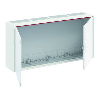 Armoire métallique blanche ouverte à deux portes et avec plusieurs étagères intérieures, adaptée au rangement d'appareils électriques.
