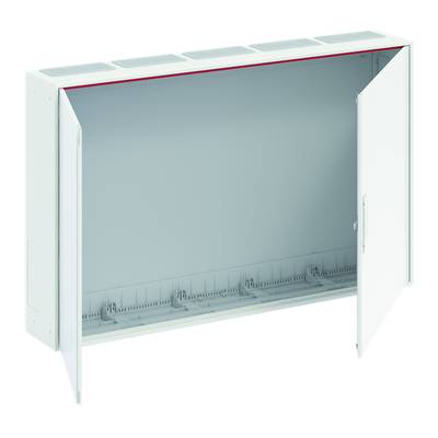 Boîtier de distribution métallique avec porte double ouverte, montrant l'espace intérieur pour les accessoires d'installation, adapté pour un montage mural.