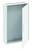 Armoire blanche rectangulaire avec une porte à moitié ouverte, révélant un intérieur gris vide. Adaptée pour le rangement ou l'installation.