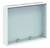 Un boîtier métallique blanc rectangulaire vide avec face avant ouverte, adapté comme coffret de distribution ou boîtier pour installations techniques.