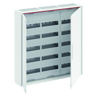 Un coffret de distribution ouvert avec plusieurs rails vides pour le montage de composants électriques, le couvercle avant étant rabattu.