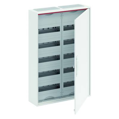 Une armoire électrique blanche ouverte avec plusieurs étagères pour des installations. La porte est légèrement entrouverte pour montrer l'intérieur.
