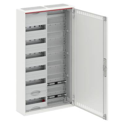 Une armoire électrique ouverte avec plusieurs emplacements, partiellement équipée de presse-étoupes et de composants électriques.
