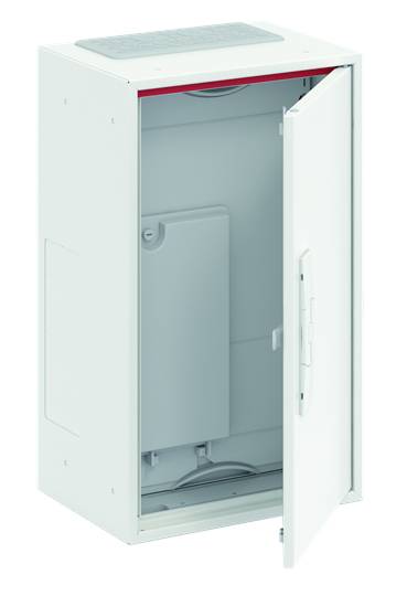 Boîtier électrique ouvert blanc avec porte, adapté aux installations électriques, disposé verticalement. À l'intérieur, des câbles et des composants électroniques sont visibles.