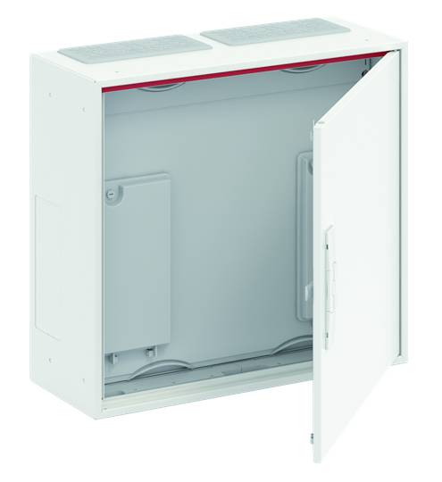 Boîte métallique avec porte ouverte, montrant un intérieur vide. Adaptée au rangement ou à l'installation de composants électriques.