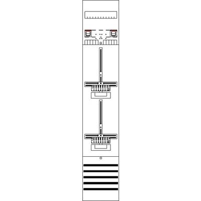 Schéma d'un armoire électrique avec deux rails de séparation verticaux et plusieurs interrupteurs et indicateurs en haut et au centre.