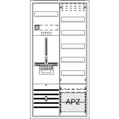 Dessin technique d'un agencement d'armoire électrique avec différents composants, interrupteurs et une zone marquée 'APZ'.
