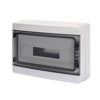 Un boîtier gris rectangulaire avec un couvercle transparent en plastique, capable de recevoir 8 modules pour composants électriques.