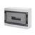Un boîtier gris rectangulaire avec un couvercle transparent en plastique, capable de recevoir 8 modules pour composants électriques.