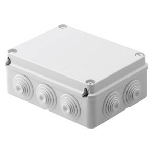 Une boîte de dérivation blanche, rectangulaire, avec cinq entrées de câbles rondes sur les côtés pour des installations électriques.