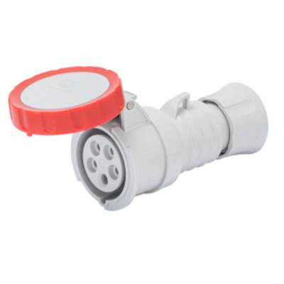 Un connecteur cylindrique blanc avec un capuchon rouge pour des applications électriques.