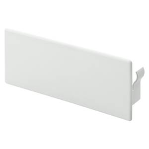 Couvercle rectangulaire blanc en plastique avec un crochet sur le côté, probablement un accessoire pour meubles ou appareils.