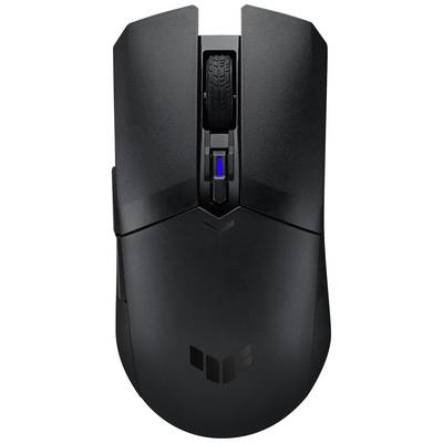 Souris d'ordinateur noire sans fil, avec un éclairage bleu sur la molette de défilement, un design moderne et un symbole sur sa surface inférieure.