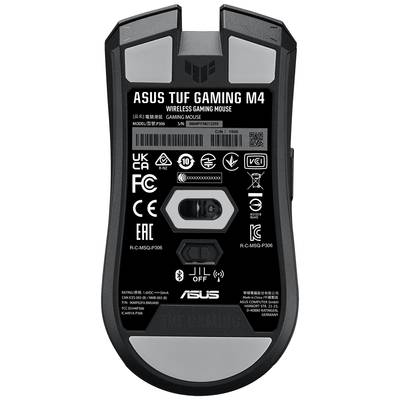 Face arrière d'une souris gaming sans fil ASUS TUF Gaming M4 avec divers logos d'homologation, numéros de modèle et numéros de série.