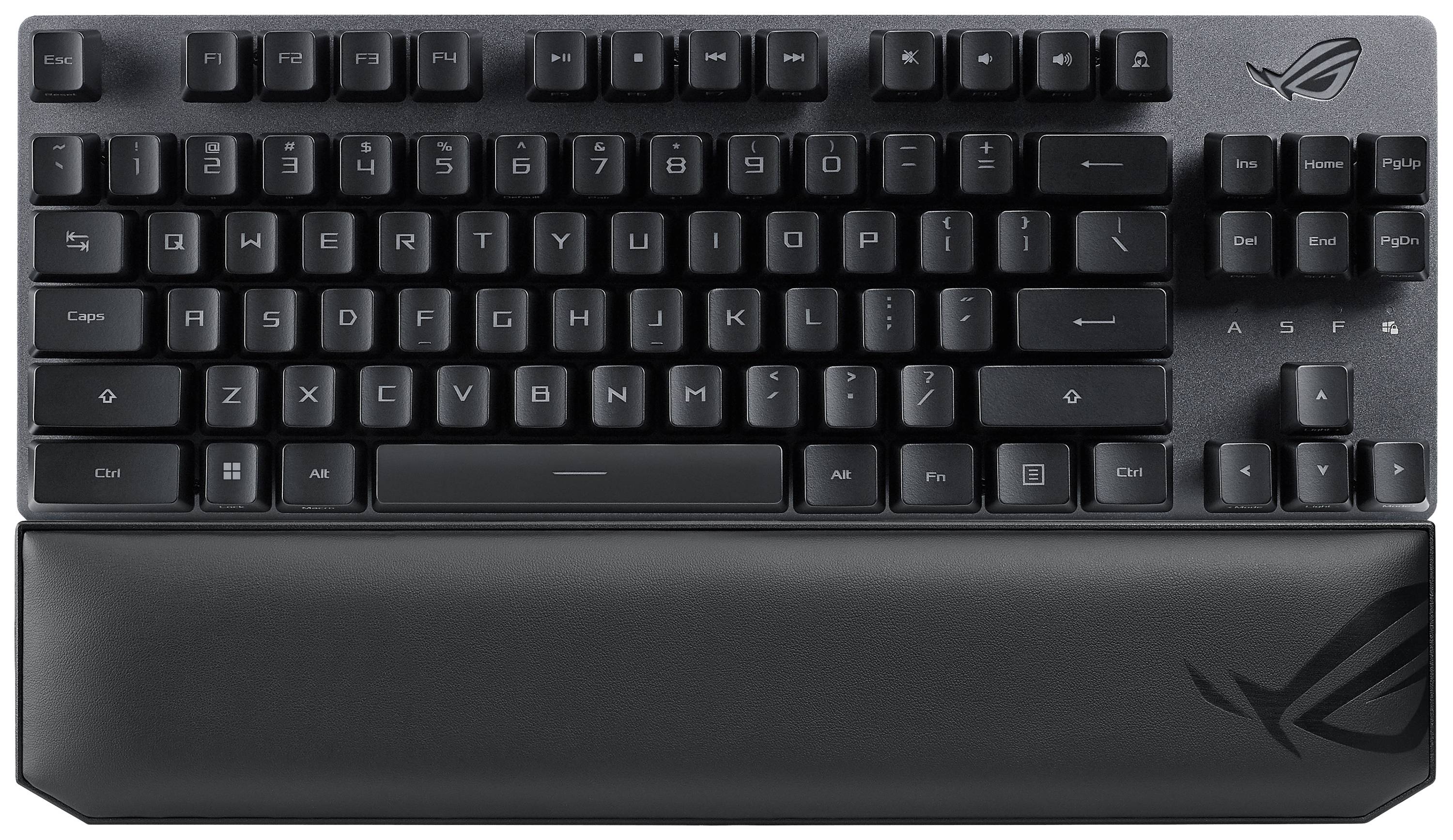 Clavier mécanique noir avec repose-poignets, logo ROG en haut à droite. Disposition ANSI avec agencement des touches QWERTZ.