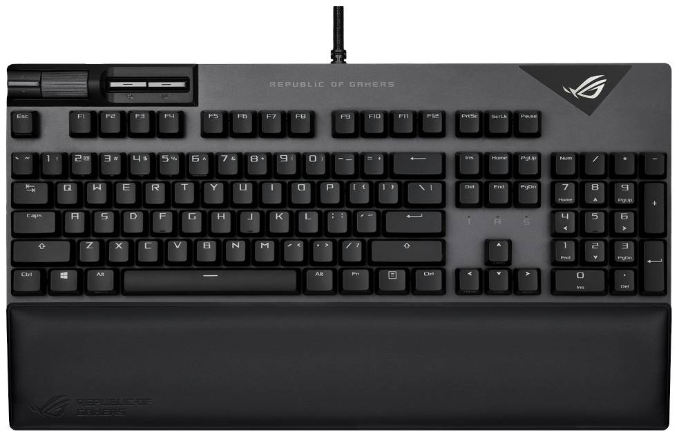 Clavier de gaming noir avec disposition QWERTZ complète, touches multimédia spéciales en haut à gauche et design mat.