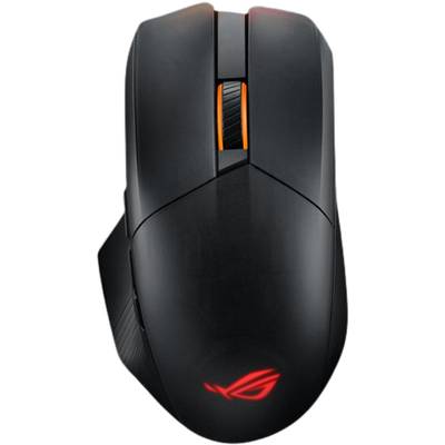 Souris de jeu noire avec molette de défilement rétroéclairée et logo rouge sur l'avant, conçue de manière ergonomique pour une meilleure prise en main.